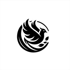 Elegant black bird with wings spread and leaves in a circular emblem