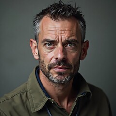 Serious Mature Man with Graying Hair Looking Intensely in Soft Light Portrait