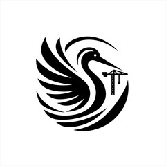 Fototapeta premium Stylized black crane bird with construction crane integrated into its beak