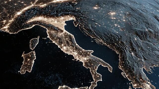 Night view of Italy, featuring luminous city lights against a dark background of space