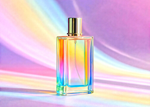 Iridescent Rainbow Glass Perfume Bottle with Silver Cap on Pastel Background