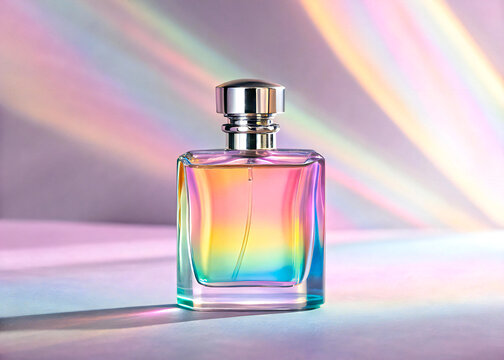 Iridescent Rainbow Glass Perfume Bottle with Silver Cap on Pastel Background
