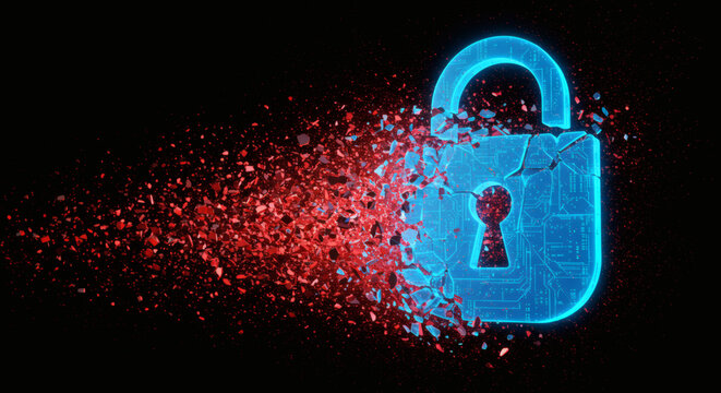 Abstract blue padlock icon shattering into red particles, embodying a digital security breach concept. It symbolizes data vulnerability, cyber threats, and compromised online systems - Powered by Adobe