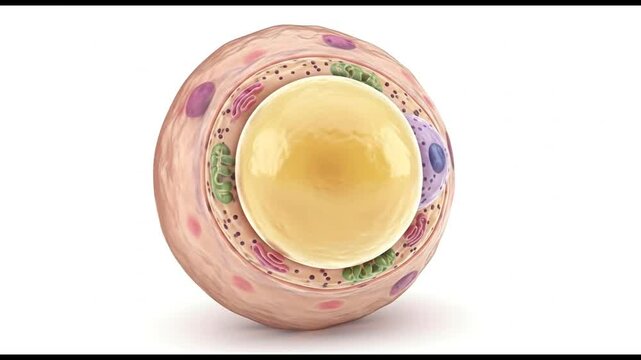 A 3D rendering of a human fat cell, or adipocyte, showing the large central lipid droplet, nucleus, and other organelles.