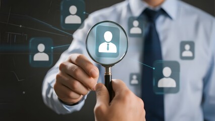 Businessman examining user profile icons with a magnifying glass, symbolizing data analysis or recruitment.