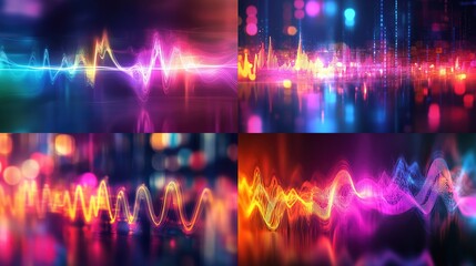 Abstract digital art composition featuring vibrant, glowing waveforms and bokeh lights in a grid layout