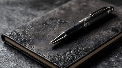 Elegant black pen with silver accents on an ornate embossed dark leather-style journal.