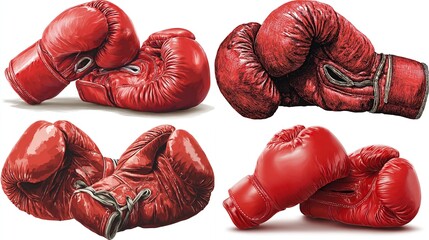 Four pairs of well-worn red leather boxing gloves depicted in various poses against a stark white background, showcasing wear and tear, laces, and subtle shadows