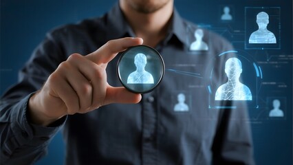 Person holding a lens displaying a digital avatar, surrounded by virtual user profiles.