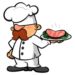 A funny cartoon chef with a big mustache carries a grilled steak on a tray. Perfect for stickers, logos, and mascots for a steakhouse