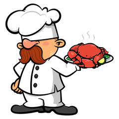 A cartoon character of a funny chef with a big mustache, carrying a grilled crab on a serving tray. This design is ideal for stickers, logos, and mascots for seafood restaurants