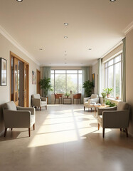 Fototapeta premium Bright lounge area with armchairs and large windows 