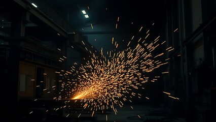 An industrial workshop with glowing sparks, showcasing dynamic energy in a dark environment.