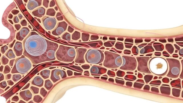 Detailed illustration of bone marrow structure with cells and tissue.