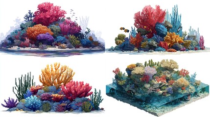 Four vibrant digital illustrations showcasing diverse coral reef ecosystems, featuring various coral species, fish, and aquatic plants in a range of colors and 