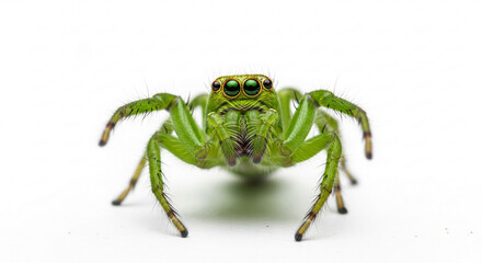 Fototapeta premium A macro photograph of a vibrant green jumping spider looking directly at the camera on a white background.