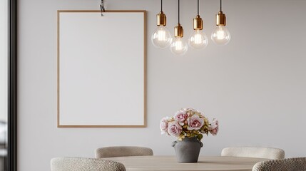 Empty frame on a pale wall with pendant lights and flowers.