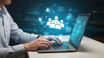 Person using a laptop with a digital interface displaying social network connections and data analytics.