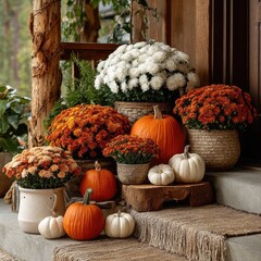 Autumn porch decor with pumpkins and chrysanthemums