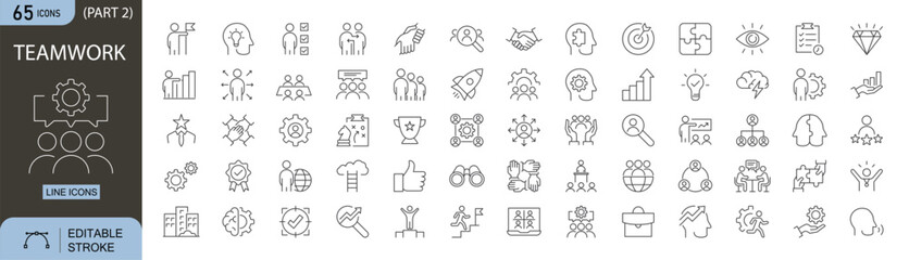 Teamwork icons set. Includes icons for collaboration, group work, meeting, discussion, brainstorming, cooperation, communication, partnership, and project coordination. Editable stroke. Line icons. 