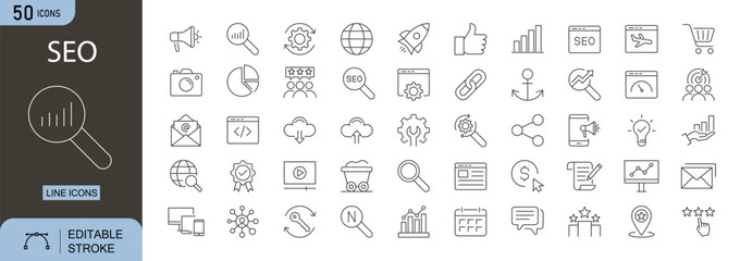 SEO icons set. Includes icons for search engine, , analytics, ranking, keywords, content, strategy, website, performance, and growth. Editable stroke. Line icons. Perfect for digital marketing.