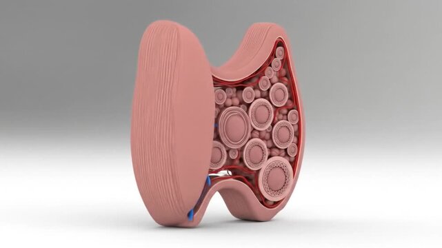 3D rendering of a human thyroid gland with a cross-section showing internal follicles and blood vessels.