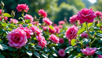 A vibrant display of pink roses in full bloom, arranged in rows within a garden bed.