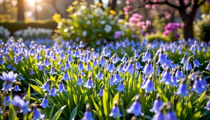 A vibrant garden filled with blue flowers under a clear sky during what appears to be spring or early summer.