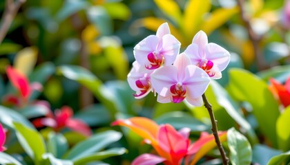 A vibrant outdoor setting with a prominent cluster of pink flowers at the bottom center