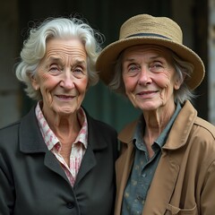 Smiling Senior Women Wearing Hats Posing Outdoors Together