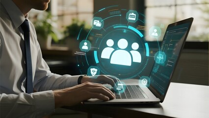 Businessman working on laptop with holographic interface displaying social network and security icons