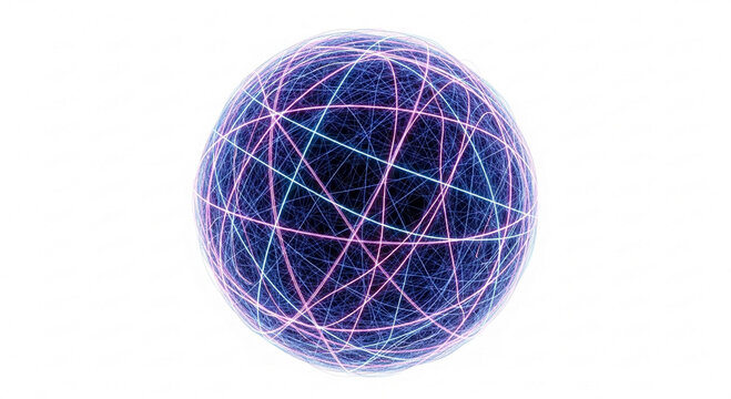 A glowing sphere with intricate, intersecting lines of blue and pink light against a white background.