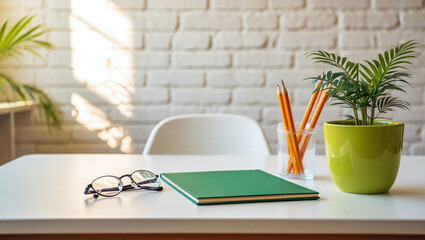 Fototapeta premium Bright Workspace Desk with Plants, Notebook, and Pencils