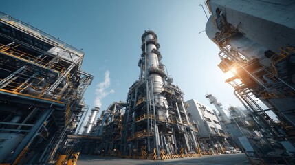 Large Petrochemical Refinery with Steel Towers, Pipes, and Modern Industrial Infrastructure Under Blue Sky Representing Energy and Power
