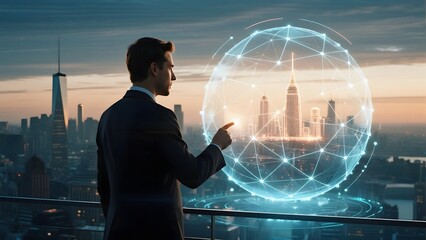 A businessman interacts with a digital globe, symbolizing global connectivity, against a city skyline backdrop.