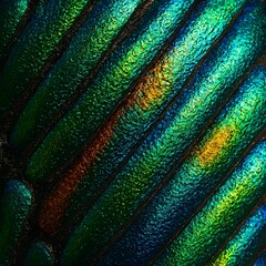 A close-up, abstract macro shot of the iridescent scales of a beetle's wing, with a focus on the unique color patterns and textures.