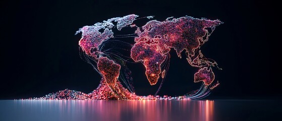 Glowing, illuminated map of the world with interconnected lines, on a dark backdrop. Glowing surface reflects light