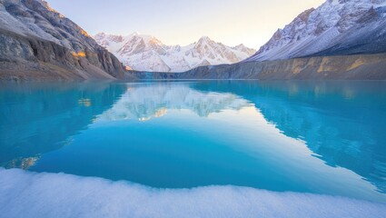 Fototapeta premium Turquoise glacial lake reflecting snow capped mountains at sunrise