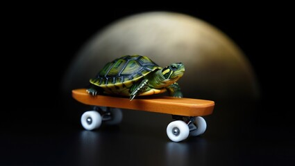 Turtle Riding a Skateboard with Glowing Background