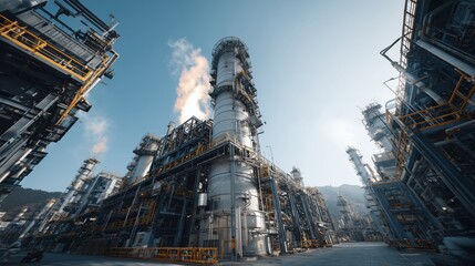 Petrochemical Refinery with Tall Steel Towers, Pipes, and Industrial Infrastructure Under Blue Sky Representing Energy, Power, and Production
