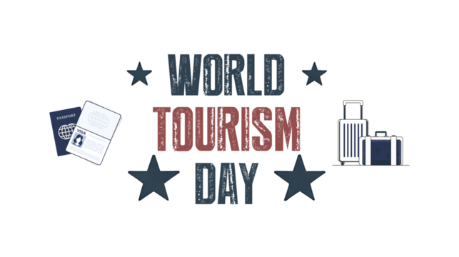 Celebrate world tourism day with vibrant text and travel icons for global exploration