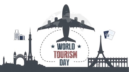 Obraz premium Celebrate world tourism day with global landmarks and air travel symbols