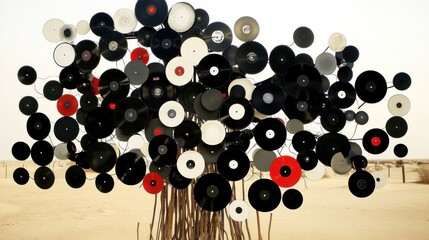 Surreal record tree in a desert landscape art installation music theme concept