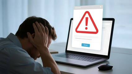Frustrated individual reacting to an error message displayed on a laptop screen