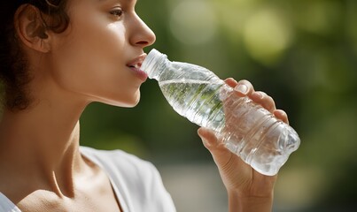 a young woman holding a transparent plastic water bottle and drinking fresh water.