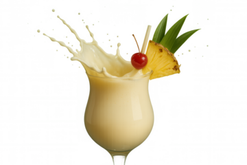 Delicious pina colada cocktail splashing in a hurricane glass, garnished with pineapple wedge, maraschino cherry, and straws, isolated on transparent background