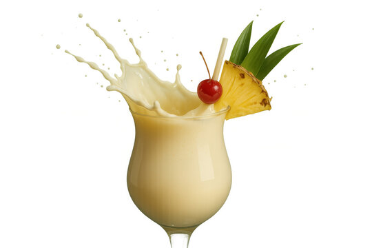 Delicious pina colada cocktail splashing in a hurricane glass, garnished with pineapple wedge, maraschino cherry, and straws, isolated on transparent background