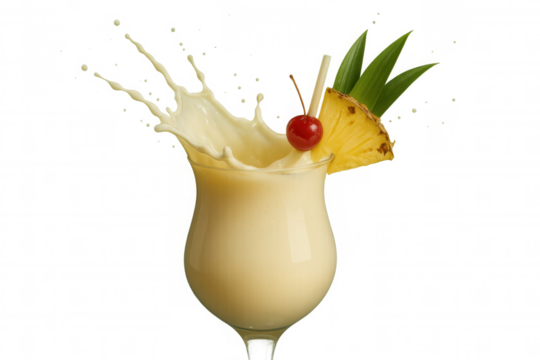 Delicious pina colada cocktail splashing in a hurricane glass, garnished with pineapple wedge, maraschino cherry, and straws, isolated on transparent background