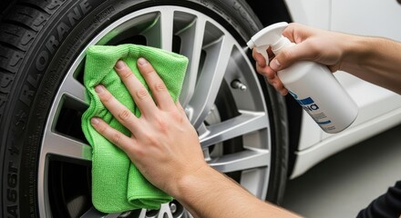 Man cleaning a car wheel with a microfiber cloth and spray