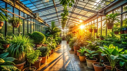 Sunlight streams into a lush greenhouse filled with potted plants